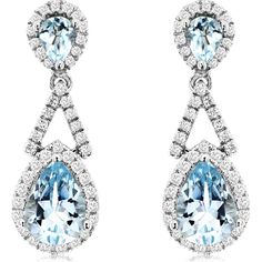 Royal 14K White Gold Drop Earrings with Pear-Shaped Aquamarines and Diamond Halo - 1.56 Carat Aquamarine, 0.39 Carat Diamond Gold Hanging Earrings, White Gold Drop Earrings, Halo Diamond Earrings, Beautiful Pearl Necklace, Diamond Birthstone, Halo Earrings, Drop Design, Mens Chain Necklace, Solitaire Pendant