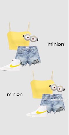 three pieces of clothing with the words minion on them and two pairs of shorts