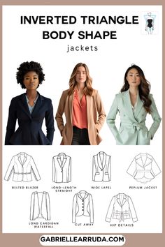 Learn to dress for the inverted triangle body type and begin to love your style. Find your best silhouettes and style tips to make your body shine. Suits For Inverted Triangle Women, Poses For Inverted Triangle Body Shape, Inverted Triangle Office Outfit, Inverted Triangle Winter Outfits, Inverted Triangle Body Type