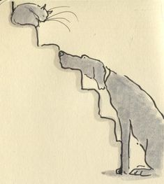 a drawing of a cat and dog sniffing at each other's noses while the mouse is on top of them