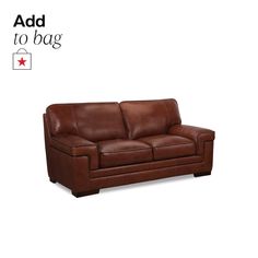 a brown leather couch sitting on top of a white background with the words add to bag above it