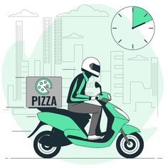 a person on a motor scooter with a pizza box in front of them