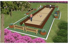 an artist's rendering of a large backyard with a ping pong table in the center