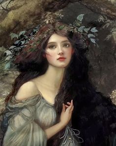 a painting of a woman with long dark hair and green dress in the woods, holding her hand on her chest