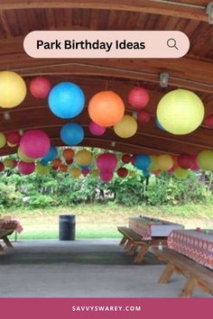 Park Pavilion decorated for party Outside Birthday Decorations Yards, How To Decorate A Pavilion For A Party, Party At Park Decorations, Playground Party Decorations, Park Playground Birthday Party, Party In Park Ideas, Park Gazebo Decorating Ideas, Picnic Shelter Decoration, Park Events Ideas