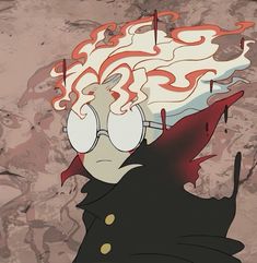 an anime character with red hair wearing glasses and a black coat, standing in front of a rock wall