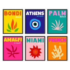 four different types of posters with the words miami, palm beach, and other destinations