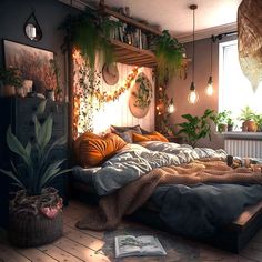 a bedroom with lots of plants and lights