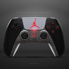 a black and white game controller with the air jordan logo on it's side