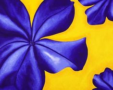 a painting of blue flowers on a yellow and purple background with the center petals slightly open