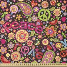 an abstract pattern with flowers and peace signs on a black background for wallpaper or fabric