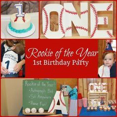 a collage of photos with baseball themed items and the words rocket of the year 1st birthday party