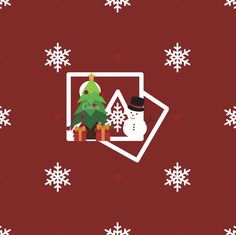 a snowman and a christmas tree on a red background