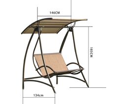 an outdoor swing chair with measurements for the seat and back side, which is also attached to