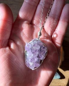 ☾ Lilac Amethyst Druze Geode Necklace ☾ High quality, raw geode amethyst in a secure & subtle setting that highlights the stone These gemstones are so lovely and dainty! The perfect size & a very light purple shade. These pendants come in pure copper, 14k gold, or sterling silver. Choose from an adjustable faux leather chord, a matching 18" copper chain, a matching 18" sterling silver chain, a matching 14k gold chain or get just the pendant. ⭐️Faux Leather Chord Options: Choose from black, dark Lilac Amethyst, Geode Necklace, Protection Crystals, Amethyst Geode, Amethyst Jewelry, Copper Chain, Amethyst Necklace, Sterling Silver Chains, Long Necklace