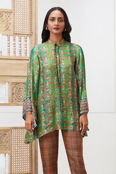 Green shirt featuring a stand collar, flared sleeves, and front button closure. Paired with matching printed pants in a floral and abstract design., Fit: Relaxed Floral Stand, Floral Abstract, Pant Sets, Green Shirt, Shirt And Pants, Printed Pants, Pant Set, Silk Shirt, A Stand