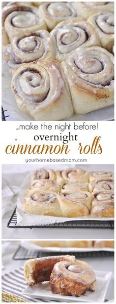 cinnamon rolls on a baking sheet with text overlay