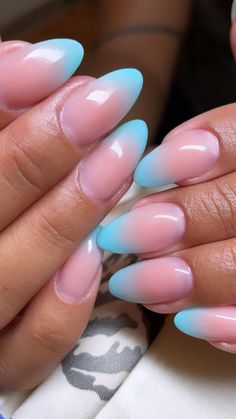 Light Blue French Nails, Stylish Nails Short, Short Nails Shellac, Floral Nail Art Designs, Blue French Nails, Unique Acrylic Nail Designs, Gender Reveal Nails, Nails Funky, Occasion Nails