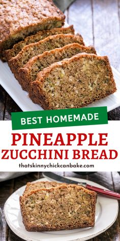 the best homemade pineapple zucchini bread is sliced on a white plate with red chopsticks