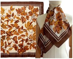 A beautiful vintage square in an autumnal leaf print.  Polyester Very good vintage condition.  Scarf measures: 30.5" x 30.5" ------------   Refund policy: Please check all pictures and measurements before purchasing and make sure you have read the descriptions properly before buying. I do not accept returns, unless there has been a significant mistake in the listing.   Delivery: Items from Vintage Frills Shop are dispatched once a week, but if something is required urgently, please let me know. Orange Square, Vintage Autumn, Brown And Orange, Fall Scarves, Autumn Leaf, Vintage Scarf, Leaf Print, Square Scarf, Leaf Prints