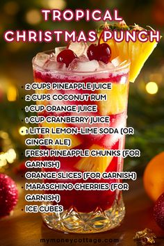 🌴🎄 Bring a splash of the tropics to your holiday celebrations with our Tropical Christmas Punch! This vibrant and refreshing drink combines fruity flavors like pineapple, mango, and coconut, creating a delightful escape from the winter chill. Perfect for festive gatherings, this punch is easy to make and sure to impress your guests. Serve it over ice and garnish with fresh fruit slices and a sprig of mint for a beautiful presentation. Cheers to a merry and bright holiday season filled with tropical cheer! 🍹✨ #TropicalChristmasPunch #HolidayDrinks #FestiveSips #CelebrateInStyle #ChristmasPunch #ChristmasPartyDrinks #HolidayCocktails #HolidayDrinks #AlcoholicPunch Christmas Punch With Malibu Rum, Christmas Jungle Juice Recipe, Christmas Jungle Juice, Alcoholic Christmas Punch Recipes, Holiday Punch With Alcohol, Christmas Fruit Punch, Christmas Punch Alcoholic, Alcoholic Christmas Punch, Fun Christmas Drinks