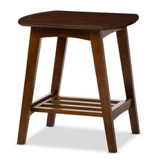 a small wooden stool with a shelf underneath the seat and bottom section on an isolated white background