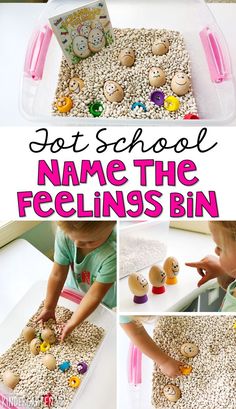 a collage of photos with the words, name the feelings bin and pictures of children playing