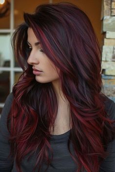 Black And Red Hair, Rocker Hair, Red Ombre Hair, Haircuts For Long Hair With Layers, Wine Hair, Girl Time