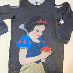 Snow White Cold Shoulder Dress -Size Xl Approx 21wx36l -New With Tag - Color Gray With Snow White Holding An Apple In The Front -Snow White And Prince In The Back -X Marking Inside. Please Review Photos -Cutout Shoulders Casual Cotton Dresses With Character Print, Holding An Apple, Photo Cutout, Disney S, Disney Dresses, Junior Dresses, Cold Shoulder, Snow White, Cold Shoulder Dress