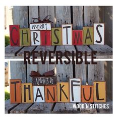 a wooden sign that says merry christmas, reversible, and thanks to all of us