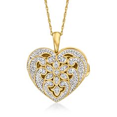 Ross-Simons - .10ct t. w. Diamond Milgrain Heart Locket Necklace Over Sterling. 18". Honor your most cherished memories with this gorgeous locket necklace. Sparkling scrolls and pretty petals adorned by .10 ct. t. w. round diamonds and milgrain detailing comprise the endearing heart design. Crafted in 18kt yellow gold over sterling silver. Fits a 1/2" x 5/8" photo inside. Suspends from a rope chain. Springring clasp, diamond milgrain heart locket necklace. Diamond birthstones are the perfect gif White Locket Necklace For Anniversary, Valentine's Day Medallion Jewelry For Anniversary, White Locket Jewelry For Valentine's Day, Hallmark Medallion Jewelry For Anniversary, Hallmarked Medallion Jewelry For Anniversary, Medallion Jewelry With Hallmark For Anniversary, Anniversary Medallion Locket Necklace With Hallmark, Diamond Locket, Silver Fits