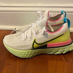 Nike Women’s React Infinity White With Bright Green, Pink And Blue Accents Only Worn A Few Times Indoors On A Peloton, Looks Brand New Us Size 6 White Running Shoes With Laces For Light Exercise, White Running Shoes, Shoes Size 6, Nike React, New Uses, Blue Accents, Bright Green, White Nikes, Nike Shoes