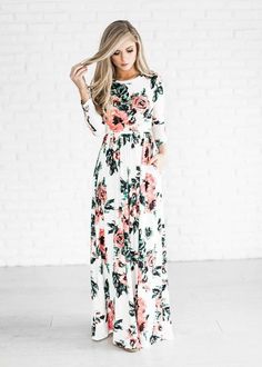 $31.99 Ecstatic Harmony White Floral Print Maxi Dress Pink Flower Long Dress Sukienki Maksi, Rose Maxi Dress, Maxi Robes, Floral Print Maxi Dress, Hippie Style, Long Sleeve Maxi Dress, Printed Maxi Dress