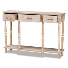 a wooden console table with two drawers