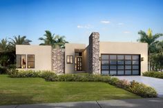 this is an artist's rendering of a modern house with stone and stucco accents