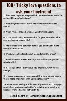 Tricky love questions to ask your boyfriend Deep Love Questions To Ask, Good Question To Ask Your Boyfriend, Wholesome Questions To Ask, Situation Questions Game For Boyfriend, Tough Questions To Ask Your Boyfriend, Juicy Questions To Ask Your Crush, Questions You Ask Your Boyfriend