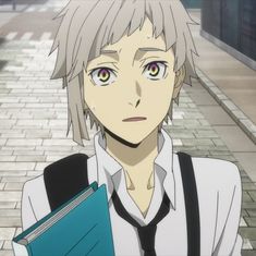 an anime character with blonde hair and blue eyes holding a folder in one hand and looking at the camera