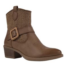 Add a touch of rustic charm to your wardrobe with the GC Shoes Avery Western Ankle Boots. These stylish boots feature a unique combination of woven texture and smooth finishes, making them a standout piece. The decorative buckle adds an extra element of detail, while the sturdy low block heel ensures comfort and stability. Perfect for casual outings or dressing up your favorite jeans, the Avery boots offer both style and functionality in one chic package. Country Style Brown Moto Boots For Fall, Fall Boots With Woven Leather And Round Toe, Fall Boots With Woven Leather, Fall Woven Leather Boots With Round Toe, Brown Woven Leather Boots With Round Toe, Western Ankle Boots, Western Booties, Stylish Boots, Woven Texture