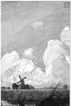 a drawing of a windmill in the middle of a field with storm clouds behind it