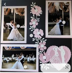 a couple is dancing on the dance floor in their wedding gowns and dresses with pink flowers