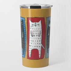 a travel mug with an image of a cat on it