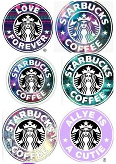 four starbucks stickers with the words starbucks, starbucks's coffee and all i love is