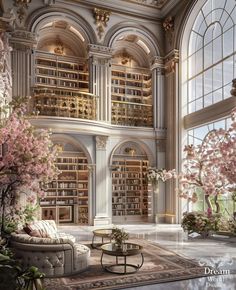 a living room filled with lots of furniture and bookshelves covered in pink flowers