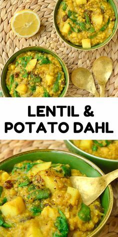 lentil and potato dish in green bowls with spoons