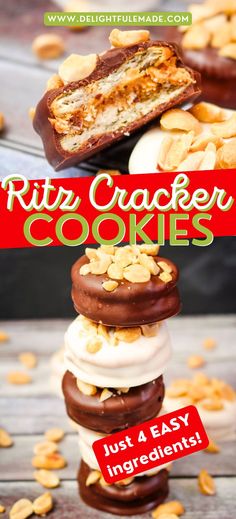 a stack of cookies sitting on top of each other with the words, ritz cracker cookies just 4 easy ingredients