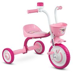 a pink tricycle with white wheels on a white background