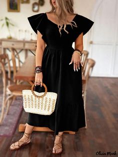 Olivia Mark - Black Over-The-Knee Dress with Short Sleeves, Ruffled Hem, Square Neckline, Bodycon Fit, and Open Back Dress With Short Sleeves, Knee Dress, Square Necklines, Types Of Skirts, Types Of Collars, Square Neckline, A Line Skirt, Ruffle Hem, Over The Knee