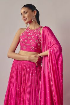 Buy Pink Pure Chinon Lining Butter Bloom Embellished Gathered Flare Lehenga Set For Women by wildflower by krishna Online at Aza Fashions. Kurta Lehenga, Lehenga Skirt, Pink Lehenga, Indian Blouse, Wedding Lehenga, Indian Wedding Outfits