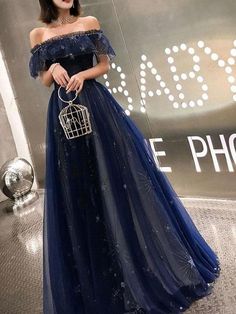 Evening Dress Navy Blue Short Sleeves A-Line Off The Shoulder Floor Length Lace-up Ruffles Social Party Dresses Sparkle Party Dress, Fairy Prom Dress, Cheap Prom Dresses Online, Dress Sparkle, Prom Dresses Elegant, Sparkly Prom Dresses, Sparkle Party, Floral Prom Dresses, Dress Off Shoulder