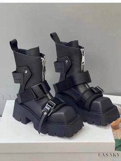 Lasaky - High Quality Leather Martin Boots with Thick Sole, Buckle Closure, Square Toe, Ankle Length - Stylish Futuristic Boots, White Chelsea Boots, Rave Shoes, Square Toe Ankle Boots, Gothic Shoes, Chunky Heel Ankle Boots, Botas Chelsea, Platform Heels Chunky, White Heels